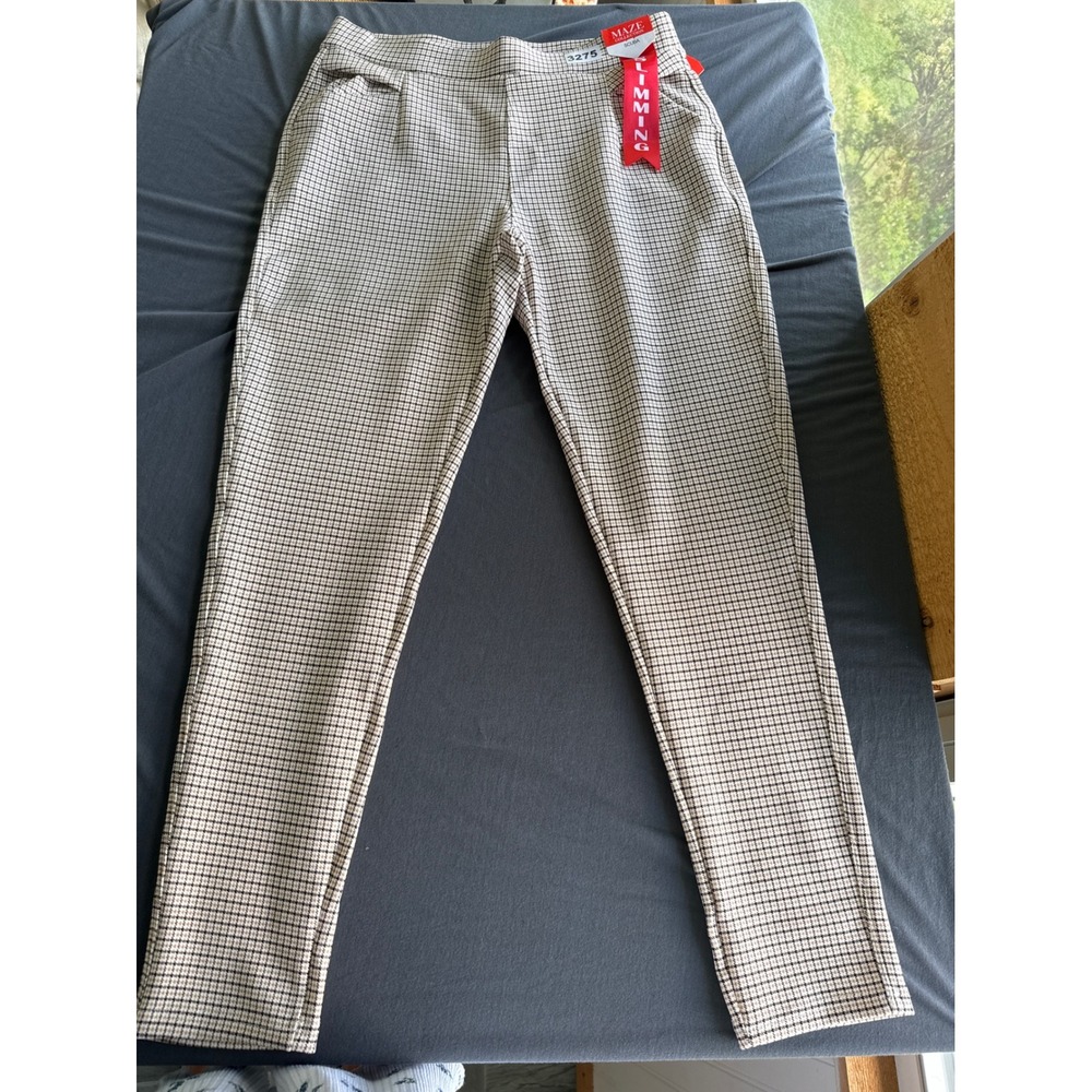 Maze Collection Scuba Slimming Plaid Pull On Pants Tan Black Size L